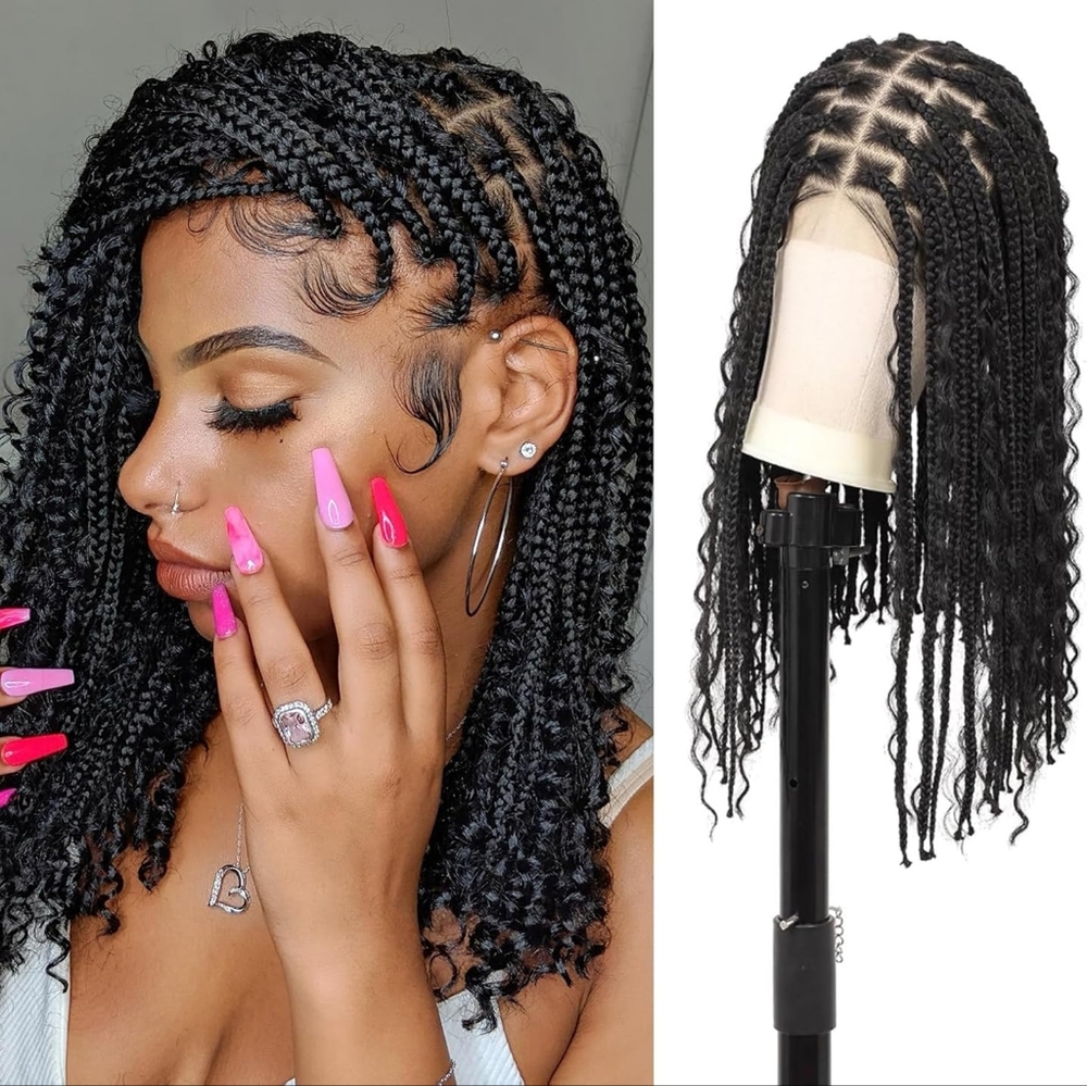 Jet Black Boho Box Braids Wig - Full Lace Handmade - Picture 2 of 6